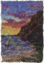 sunset on coast with sail canoe